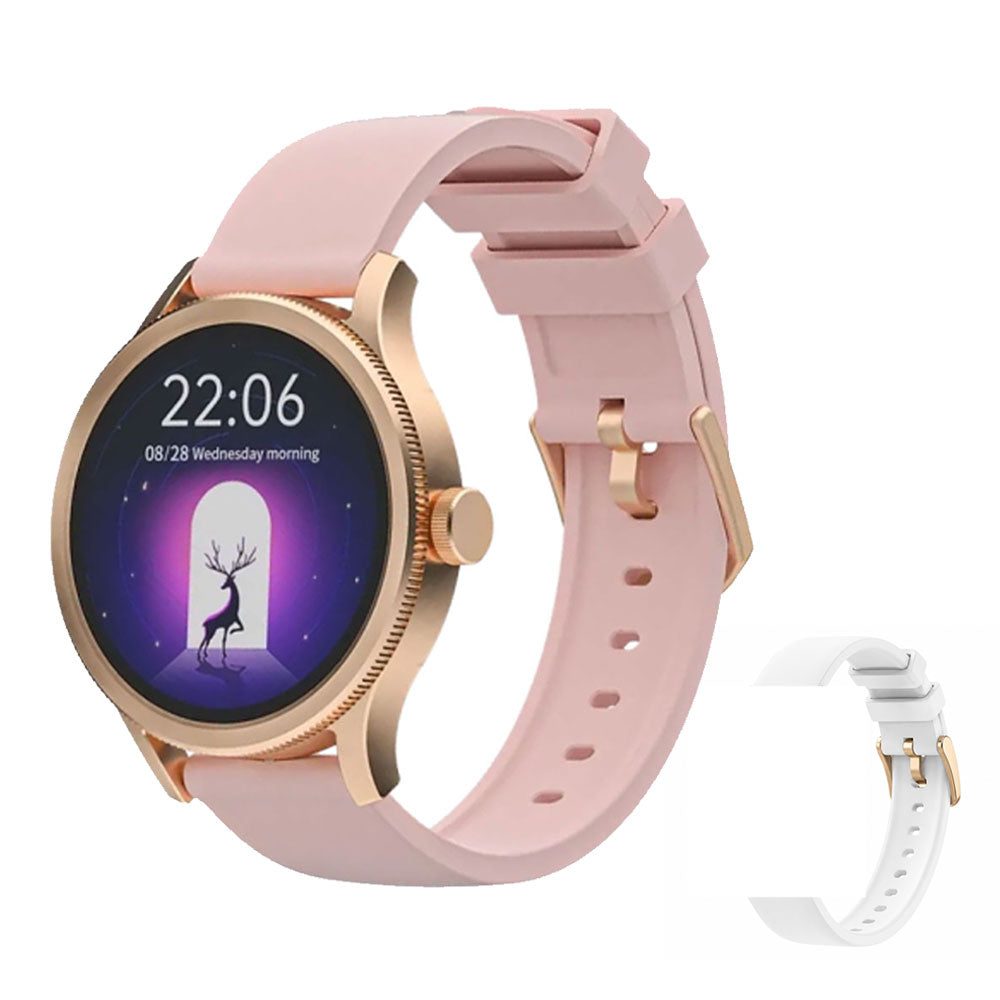 Scykei Feel Smart Watch Gold Case With White Leather Strap & Extra Pink Silicone Strap