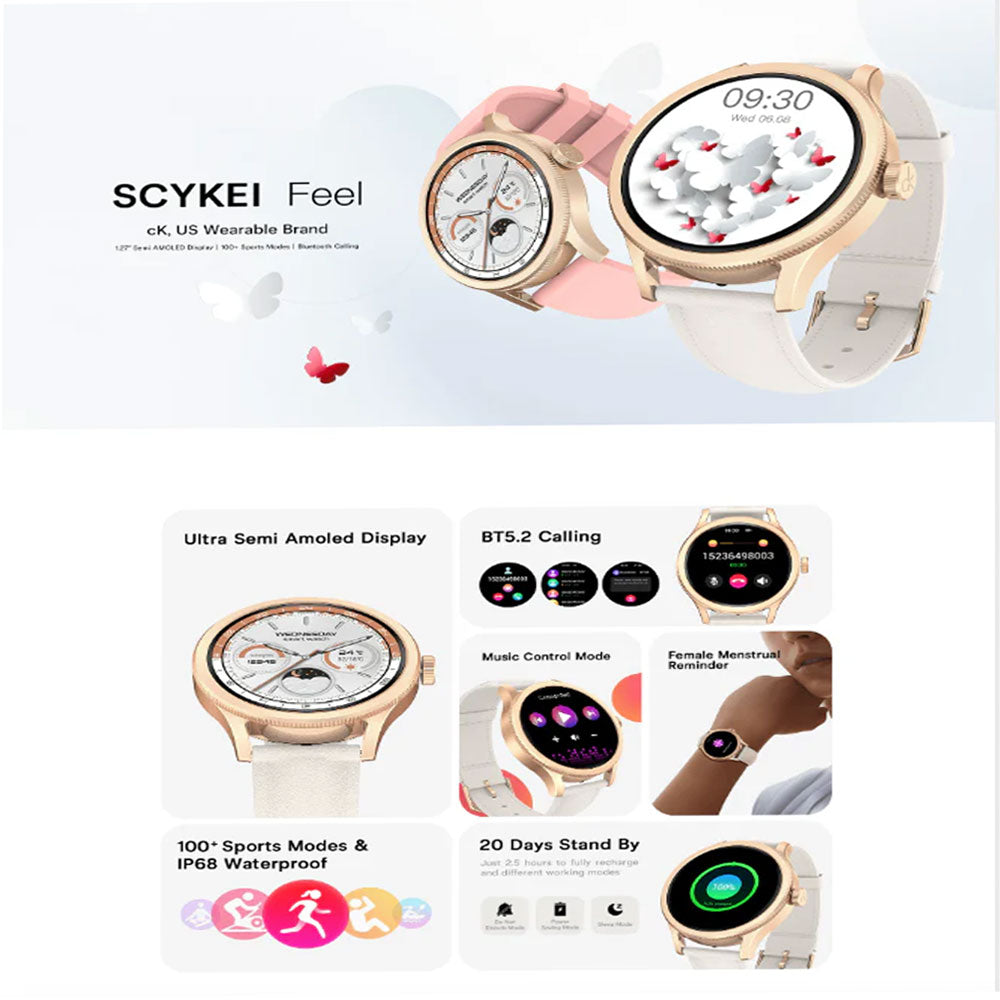 Scykei Feel Smart Watch Gold Case With White Strap Pink Strap