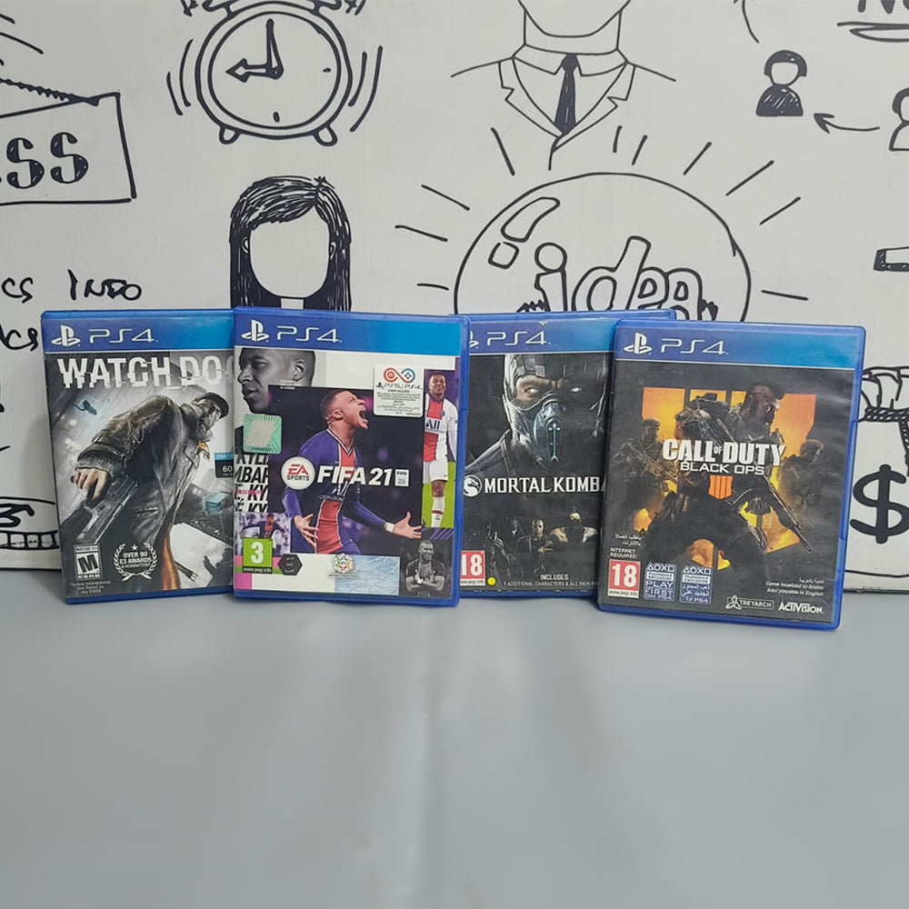 بلاي ستيشن 4 سليم كونسول سوني 500 جيجابايت + ذراع تحكم لاسلكي دوال شوك الإصدار 12.54 + 4 العاب (مورتال كومبات إكس إل - واتش دوغز - كول أوف ديوتي بلاك أوبس - فيفا 21) (استعمال خارج) 