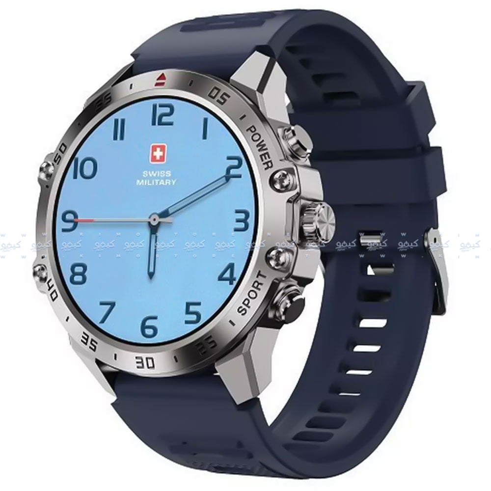 ساعة سمارت سويس ميليتاري DOM 5 هيكل معدني فضي مع سوار سيليكون ازرق