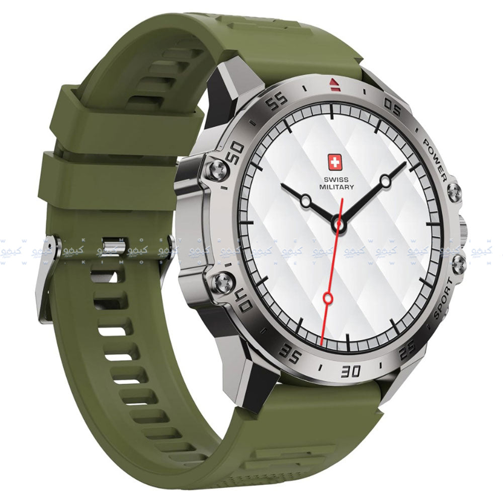 ساعة سمارت سويس ميليتاري DOM 5 هيكل معدني فضي مع سوار سيليكون اخضر