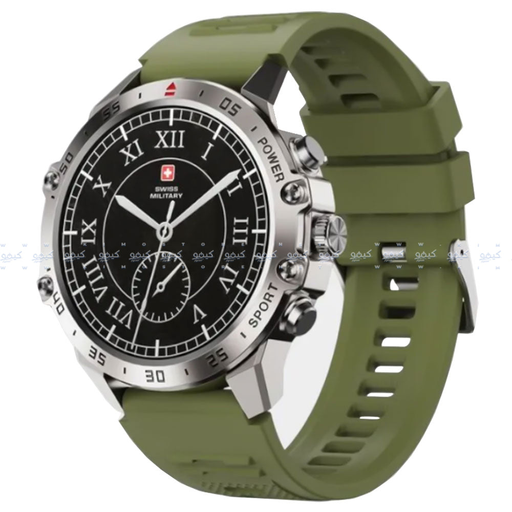 ساعة سمارت سويس ميليتاري DOM 5 هيكل معدني فضي مع سوار سيليكون اخضر