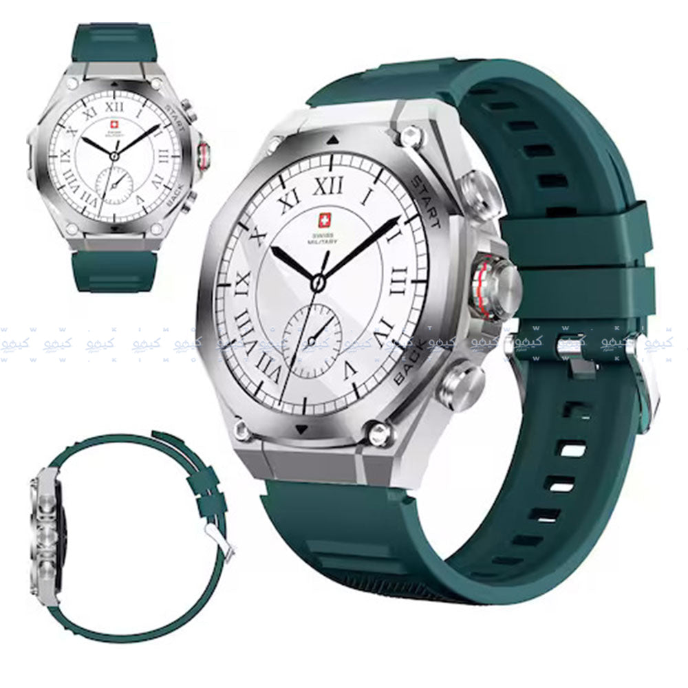 ساعة سمارت سويس ميليتاري DOM 6 هيكل معدني فضي مع سوار سيليكون اخضر