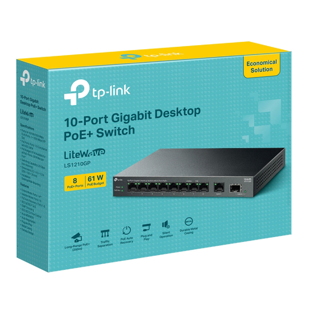 TP-Link LS1210GP Unmanaged Desktop Switch 8 Ports PoE+ 10/100/1000Mbps + 1 Port 10/100/1000Mbps + 1 Port SFP 10/100/1000Mbps 61W