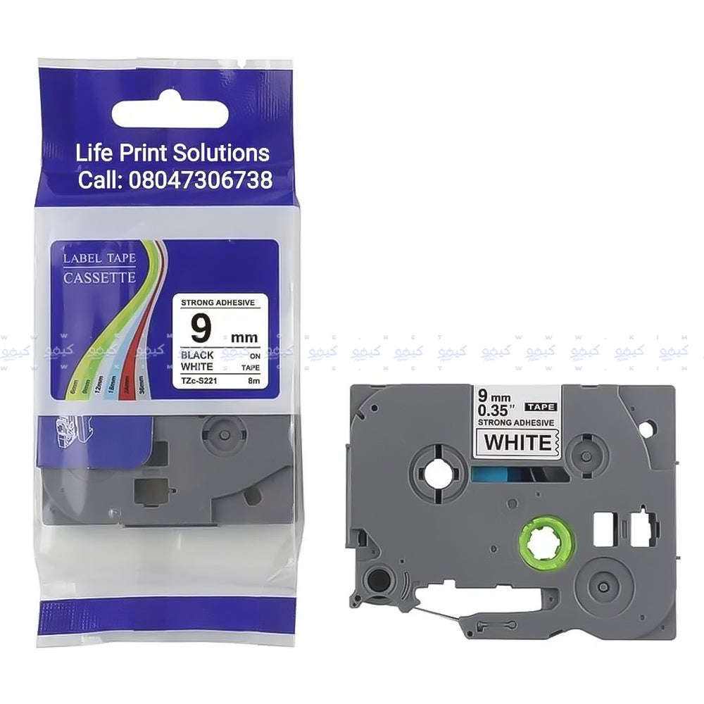 شريط ملصقات أسود في ابيض 9 ملم 8 م TZc-221 (كوبي)
