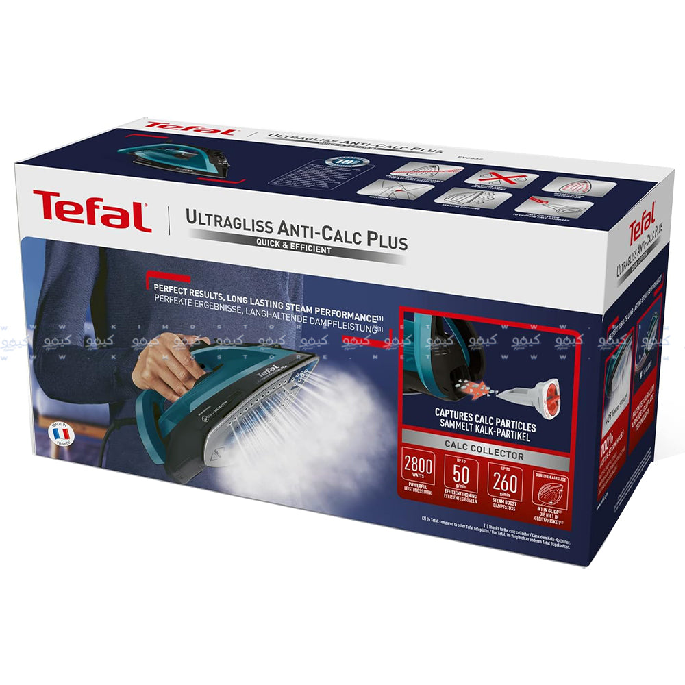 مكواة بخار تيفال 2800 وات Ultragliss Anti-Calc Plus FV6832E0 - أزرق × أسود