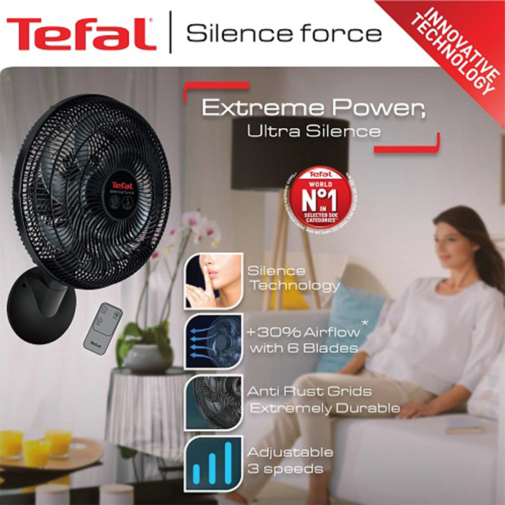 Tefal Wall Fan With Remote Silence Force VG4151EE 16 Inch - Black