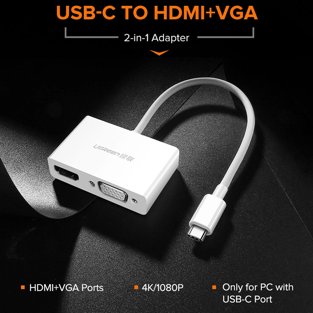 Ugreen 30843 Type-C To (VGA+ HDMI) Converter - White