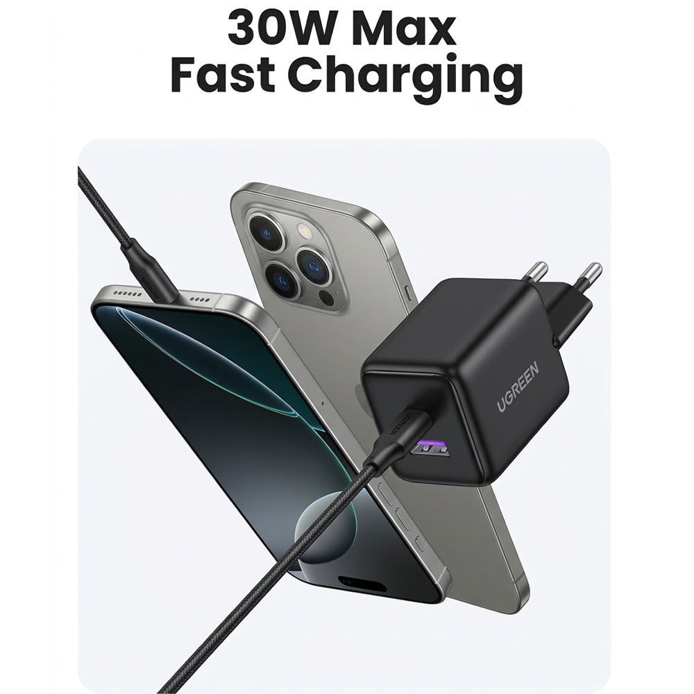 Ugreen 65014 GaN Wall Charger PD Type-C + USB 30W Fast Charging - Black