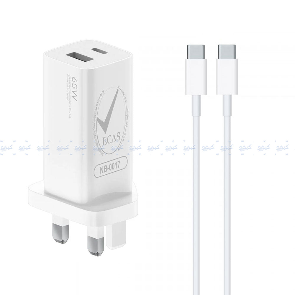 شاحن حائط شاومي بمنفذ تايب سي + منفذ يو اس بي مع كابل شاحن تايب سي بقوة 65 وات شحن سريع AD652GUK GaN - ابيض