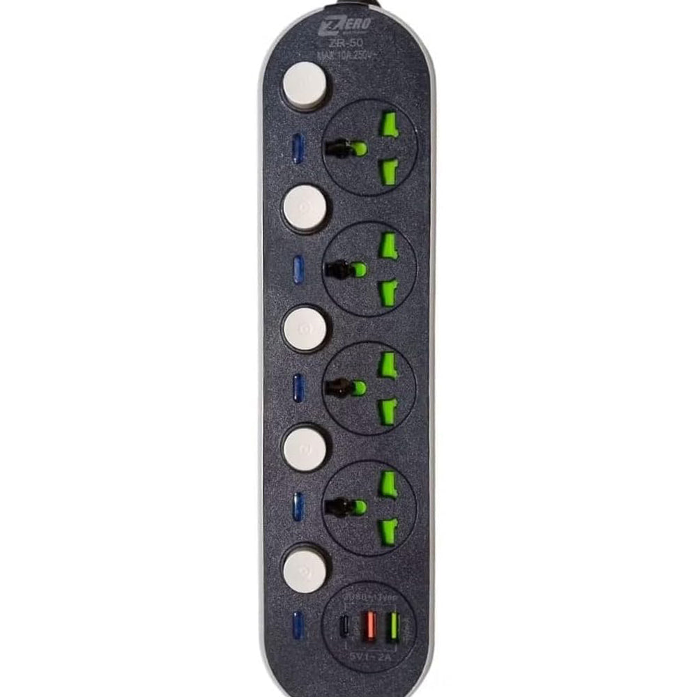مشترك كهرباء زيرو 4 منافذ + منفذين يو اس بي + منفذ تايب سي 1.5 متر ZR-26
