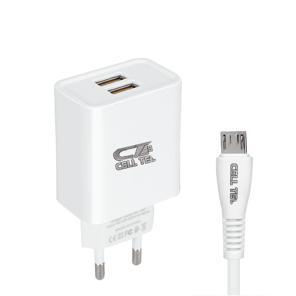 Cell Tel CT-10L Wall Charger 2x USB + Micro Cable 2.1A Fast Charging