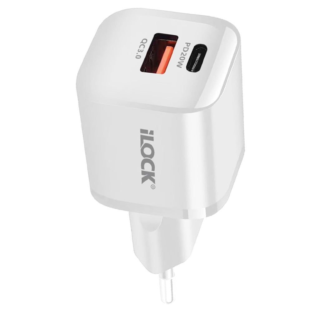 iLock 5093 GaN Wall Charger PD Type-C + QC3.0 USB 20W Fast Charging - White