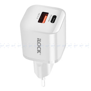 iLock 5093 GaN Wall Charger PD Type-C + QC3.0 USB 20W Fast Charging - White
