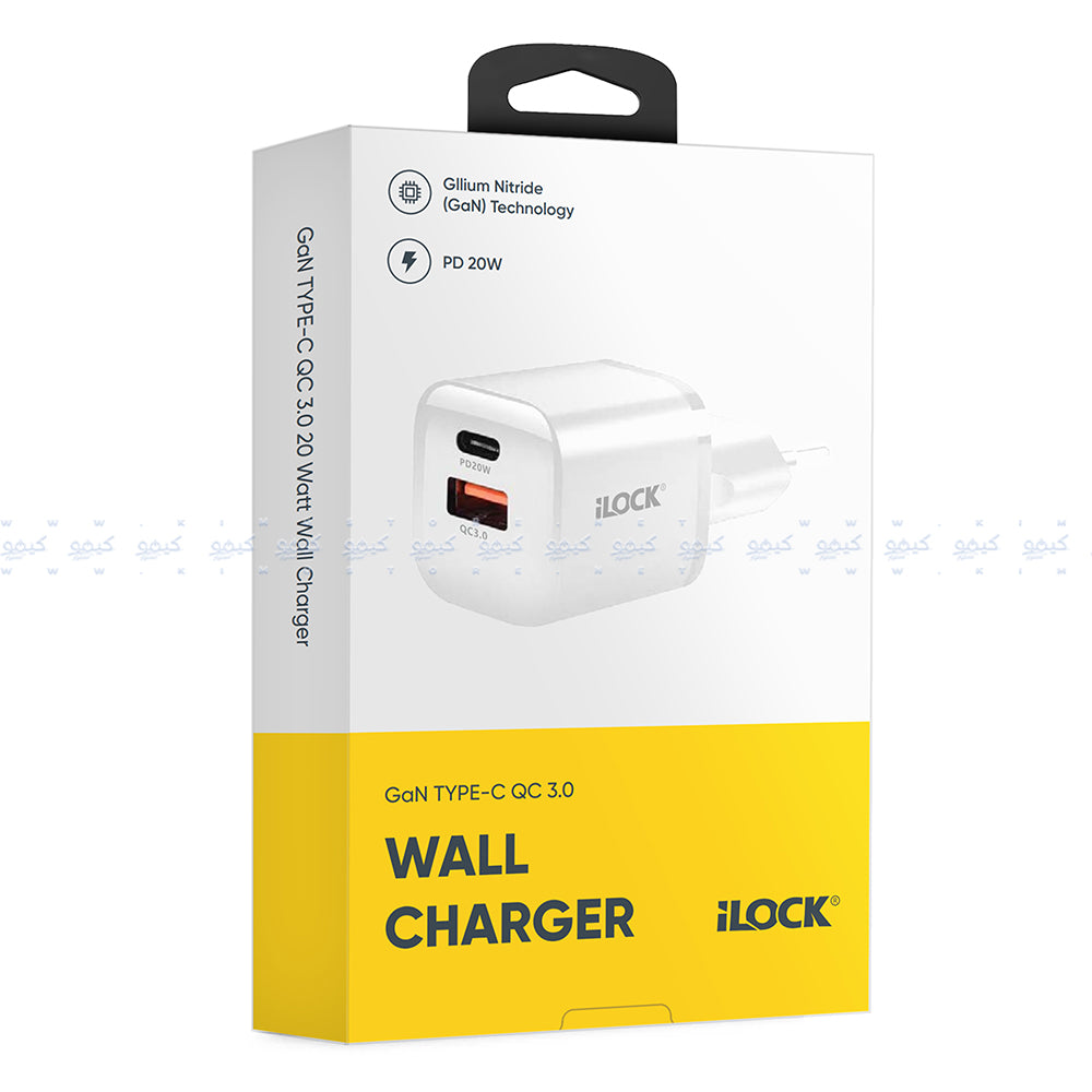 iLock 5093 GaN Wall Charger PD Type-C + QC3.0 USB 20W Fast Charging - White