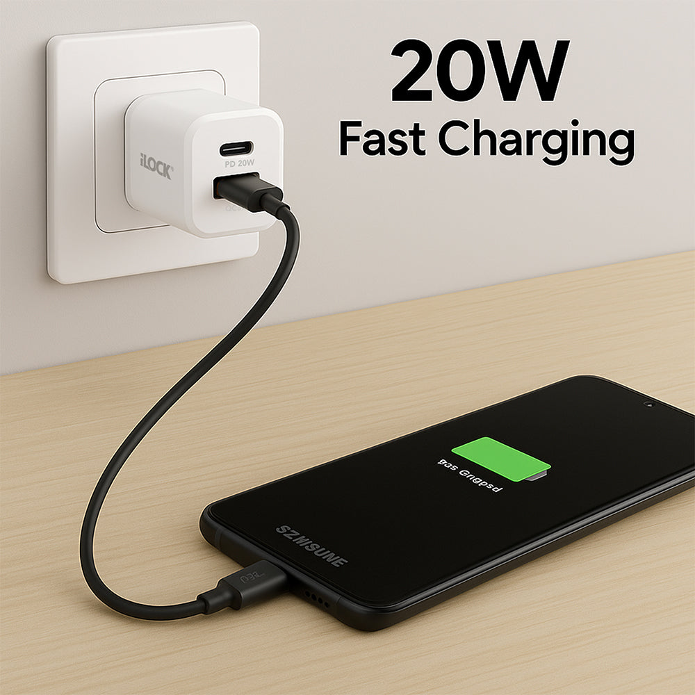 iLock 5093 GaN Wall Charger PD Type-C + QC3.0 USB 20W Fast Charging - White
