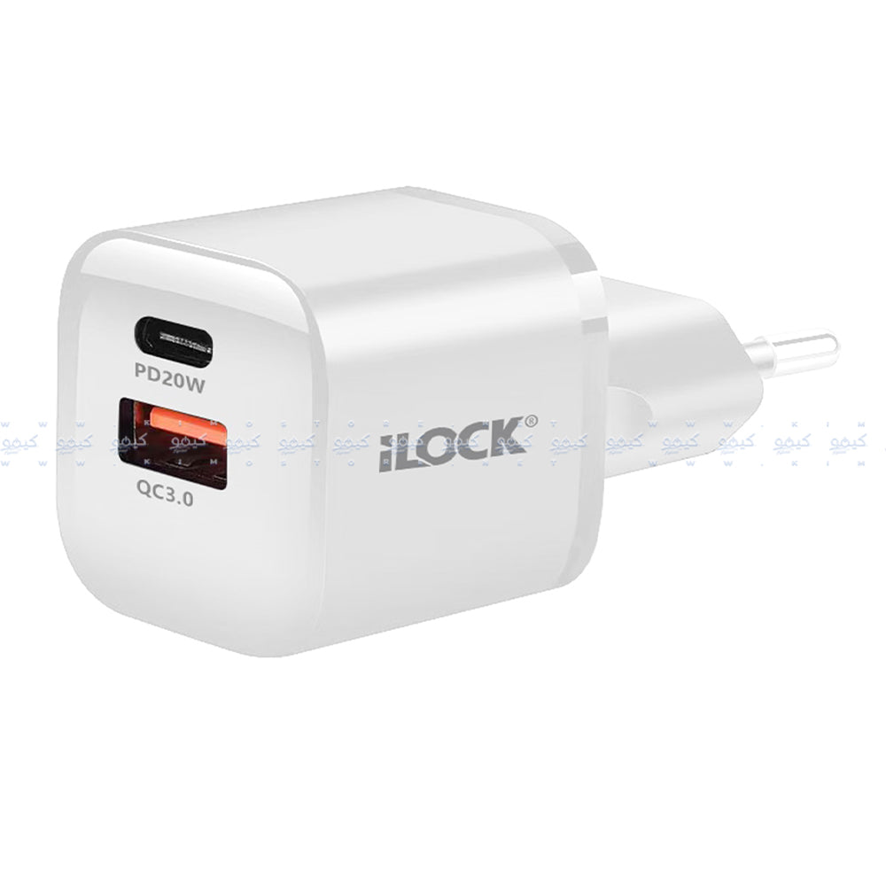 iLock 5093 GaN Wall Charger PD Type-C + QC3.0 USB 20W Fast Charging - White