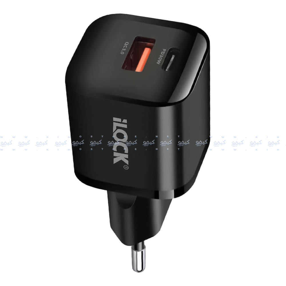 شاحن حائط أيلوك بمنفذ تايب سي PD + منفذ يو اس بي QC3.0 بقوة 30 وات شحن سريع  5094 - أسود