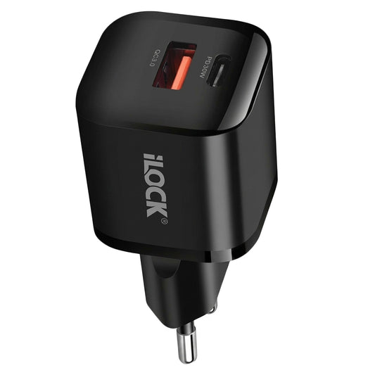 شاحن حائط أي لوك بمنفذ تايب سي PD + منفذ يو اس بي QC3.0 بقوة 30 وات شحن سريع  5094 - أسود 
