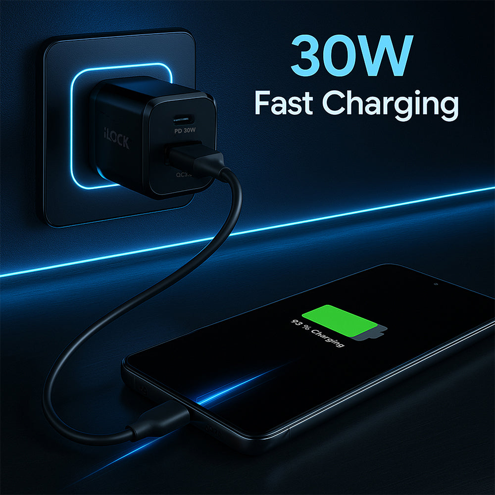 iLock 5094 GaN Wall Charger PD Type-C + QC3.0 USB 30W Fast Charging - Black