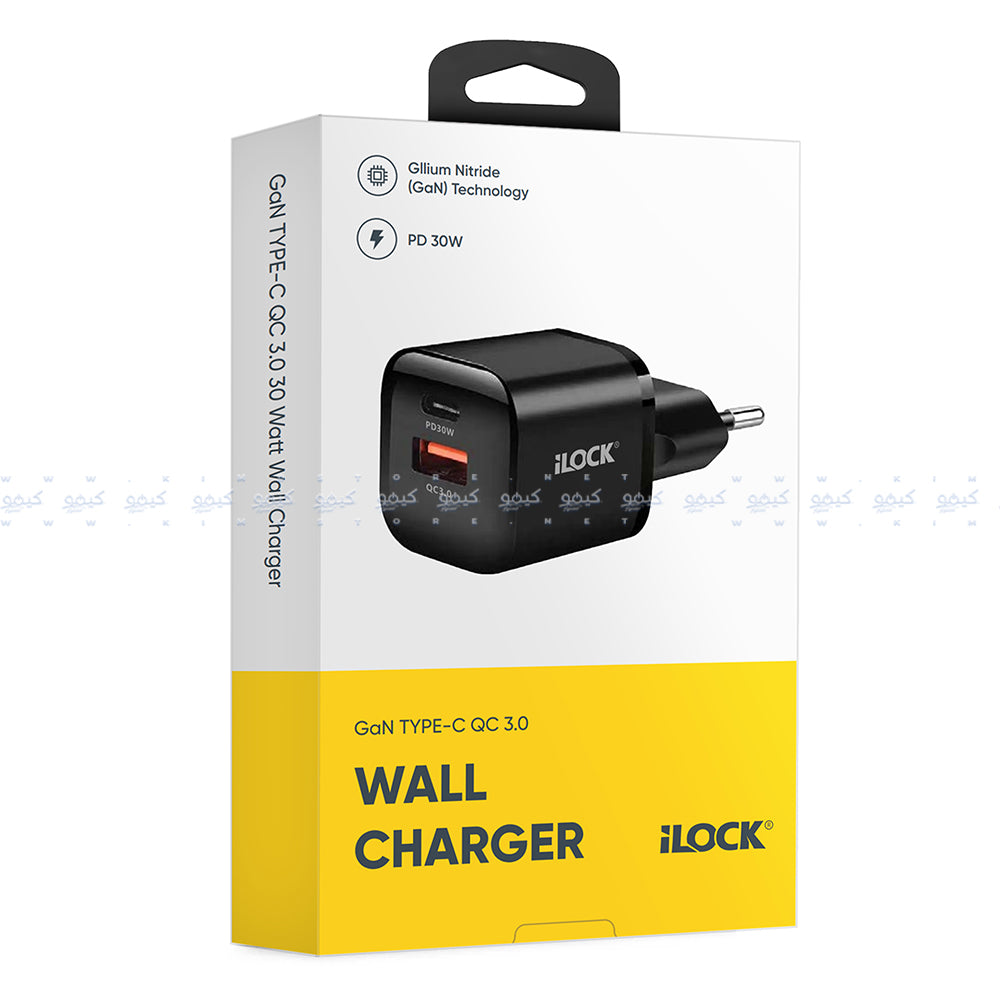 iLock 5094 GaN Wall Charger PD Type-C + QC3.0 USB 30W Fast Charging - Black
