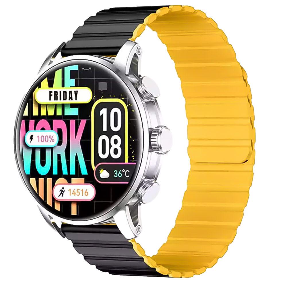 kieslect Kr2 Smart Watch Stainless Steel Case With Black x Yellow Strap & Extra Black Strap