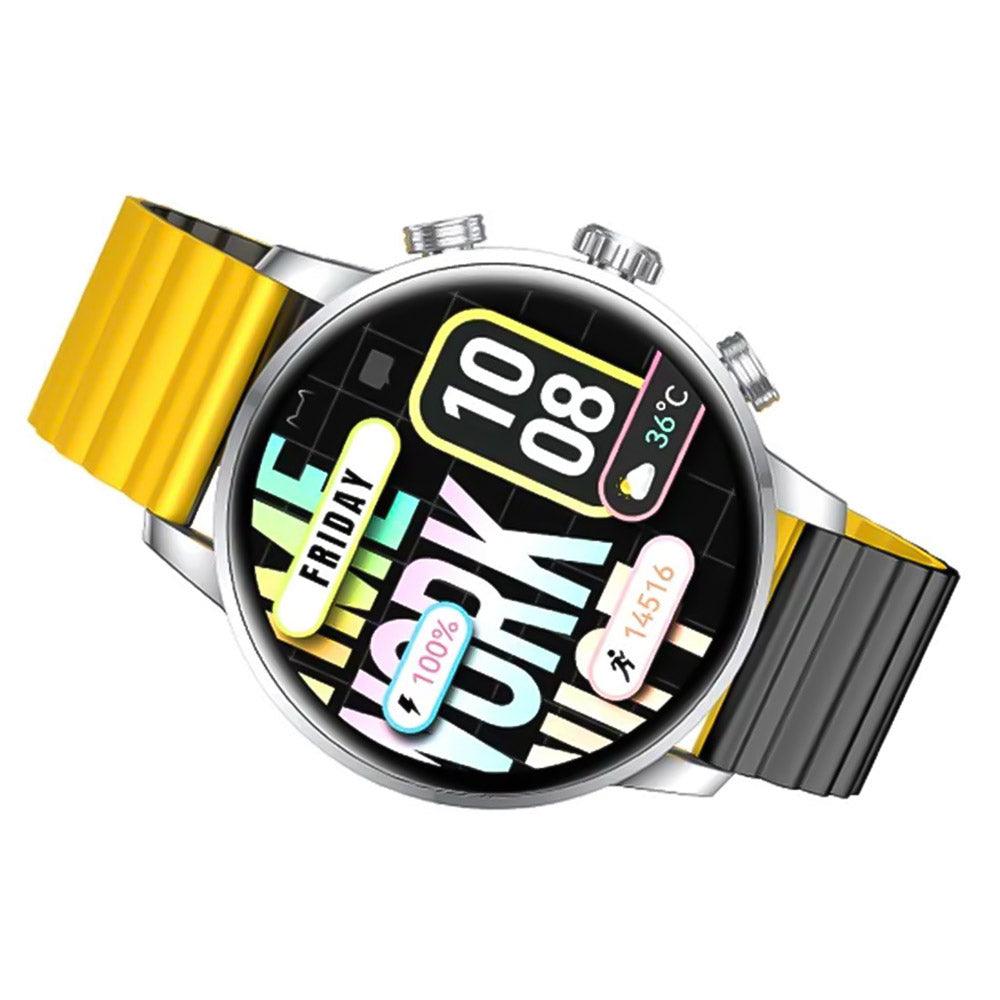 kieslect Kr2 Smart Watch Stainless Steel Case With Black x Yellow Strap 
