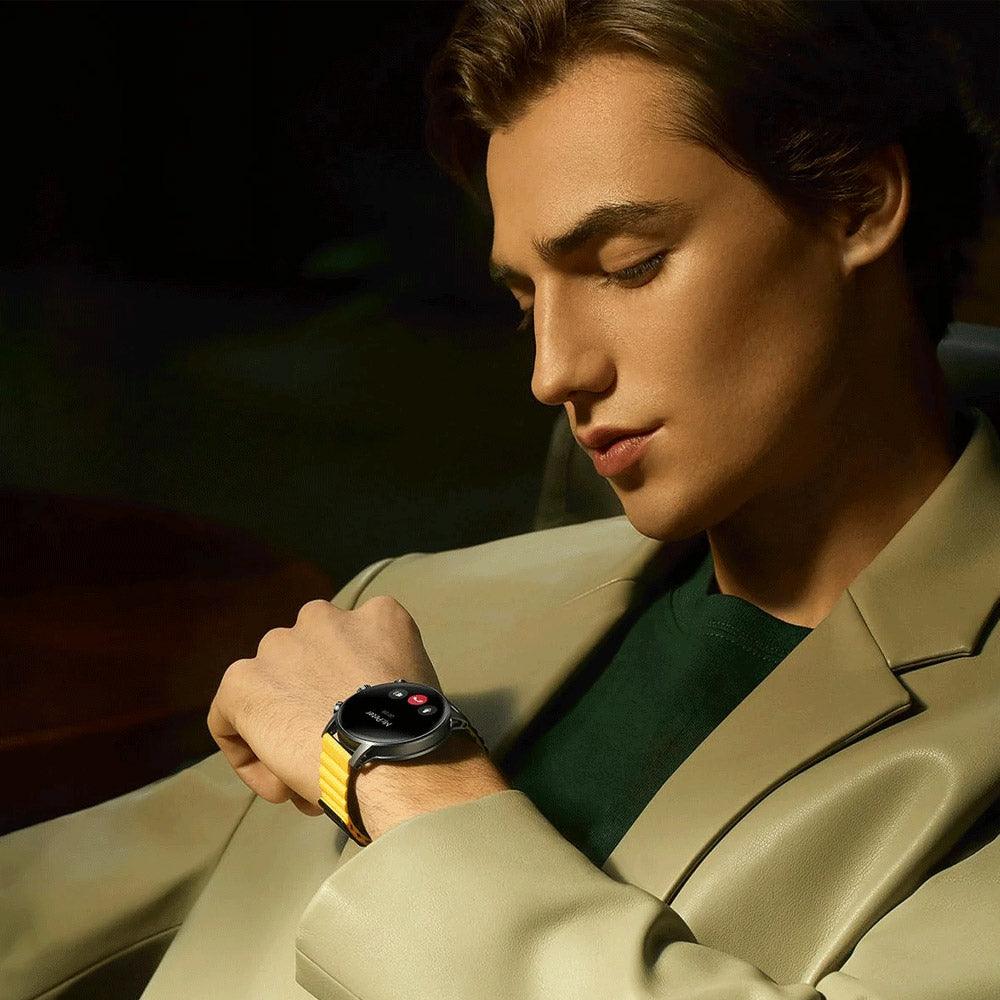 kieslect Smart Watch Stainless Steel Case With Black x Yellow Strap & Extra Black Strap