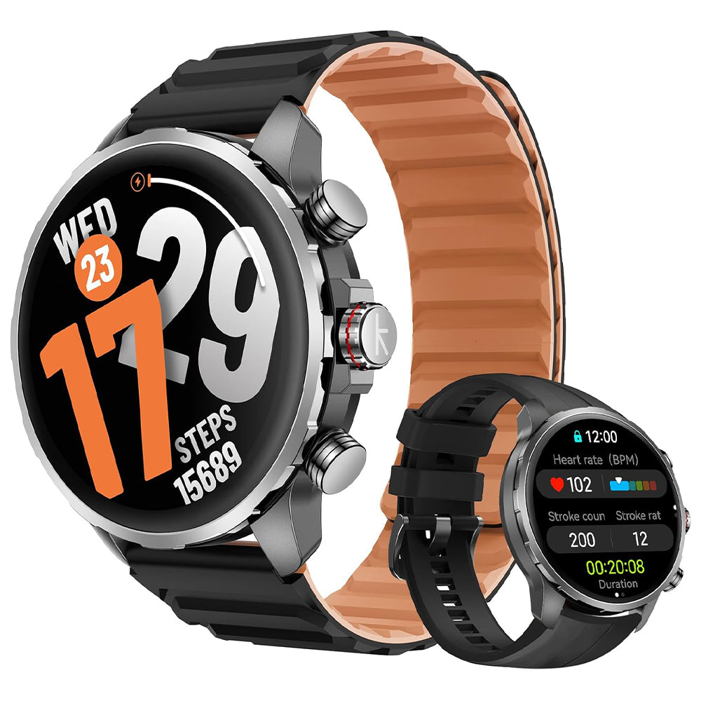 kieslect Kr3 Smart Watch Stainless Steel Black Case With Magnetic Black x Orange Strap & Extra Black Silicone Strap