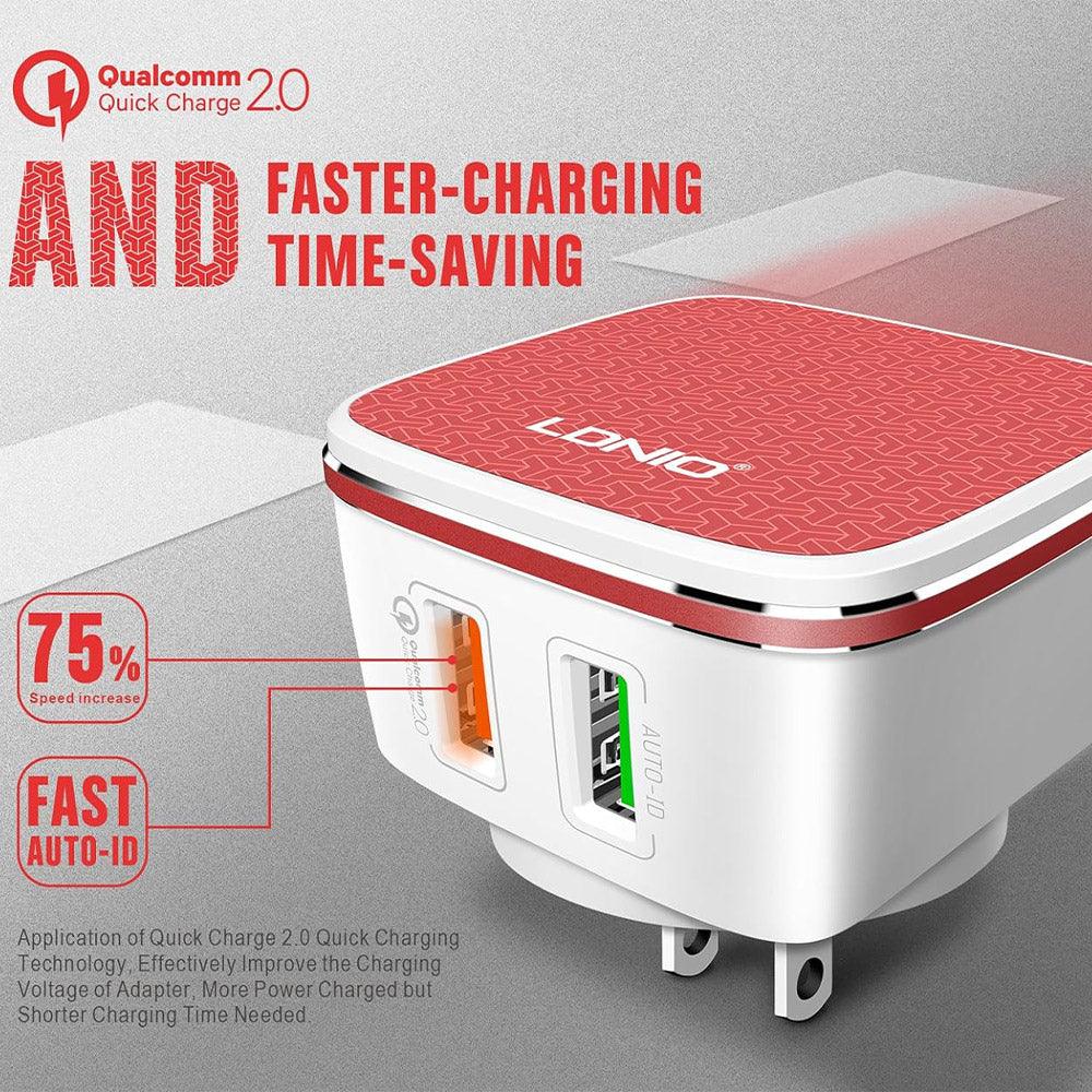 Ldnio A2405Q Wall Charger USB + QC3.0 USB + Lightning Cable 