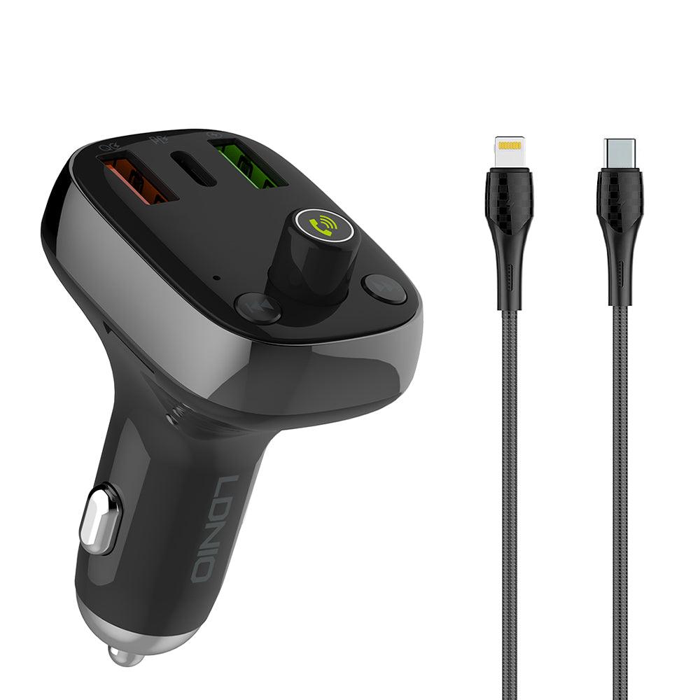 Ldnio C704Q Bluetooth FM Transmitter USB + QC3.0 USB + QC4.0 Type-C + Type-C to Lightning Cable Fast Charging - Gray