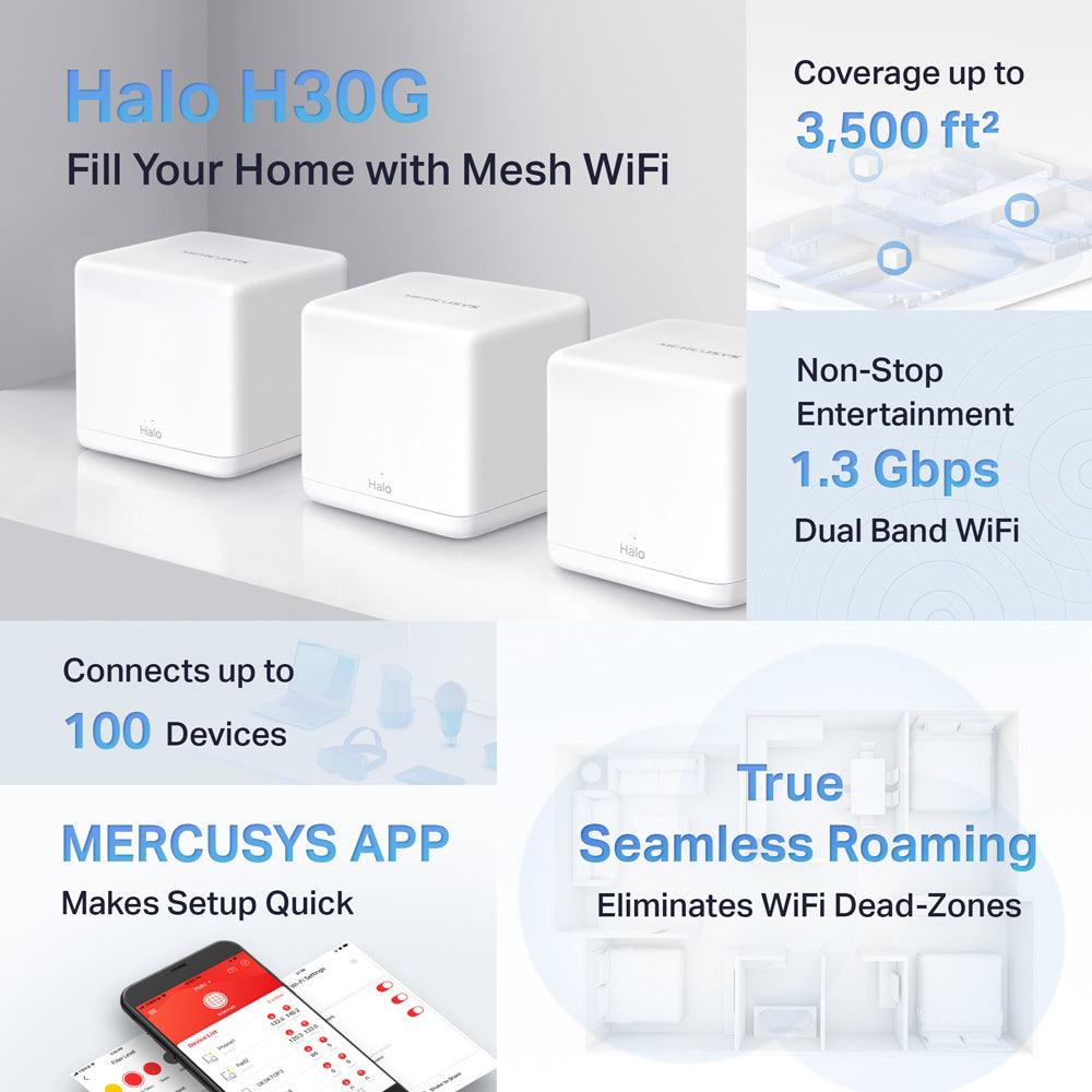 نظام شبكة Wi-Fi للمنزل بالكامل ميركوسيس 3 قطع 1300 ميجابايت/ثانية Halo H30G AC1300