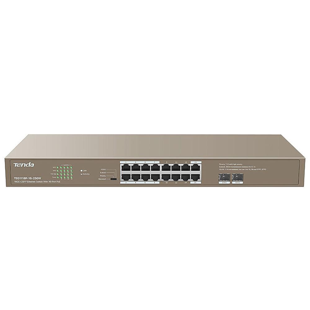Tenda TEG1118P-16-250W Unmanaged Desktop PoE Switch 16 Port 10/100/1000Mbps + 2 Port SFP Gigabit Uplink