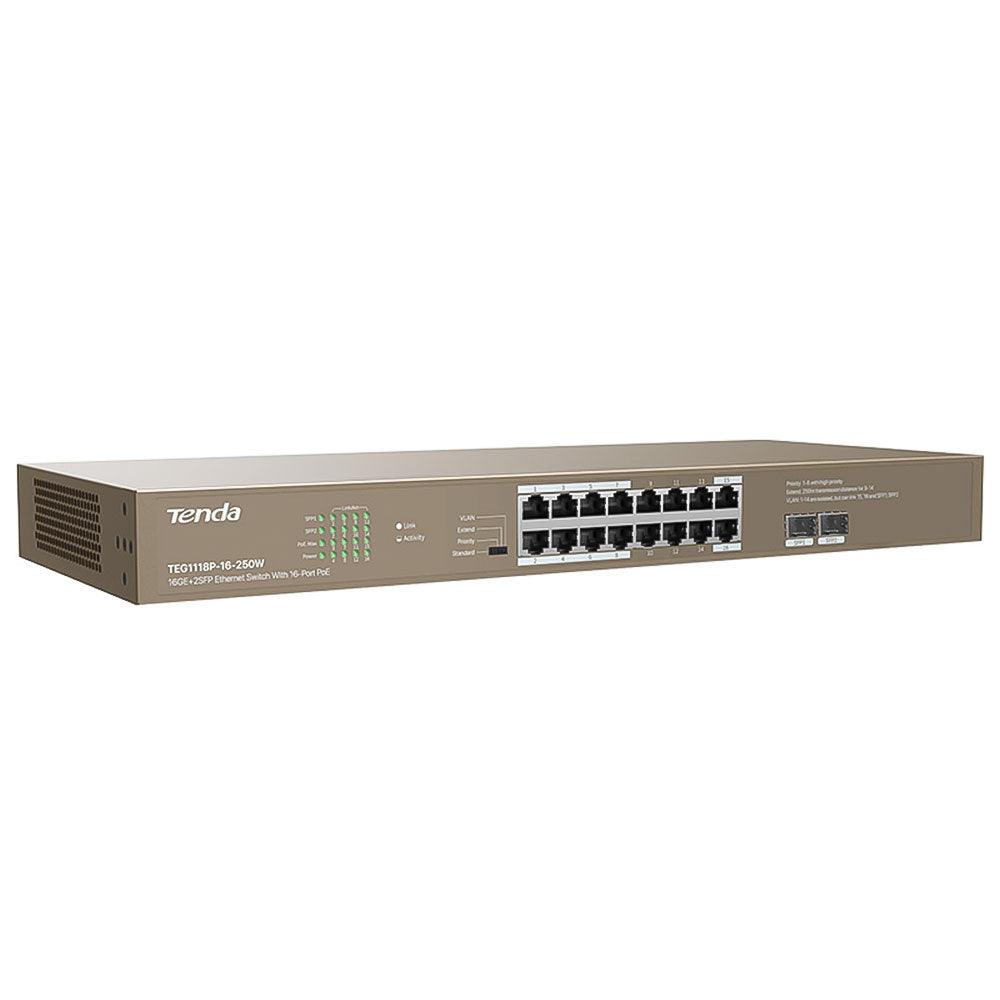 سويتش تيندا 16 منفذ 16GE+2SFP PoE 1000/100/10 Gigabit Uplink Unmanaged Desktop TEG1118P-16-250W