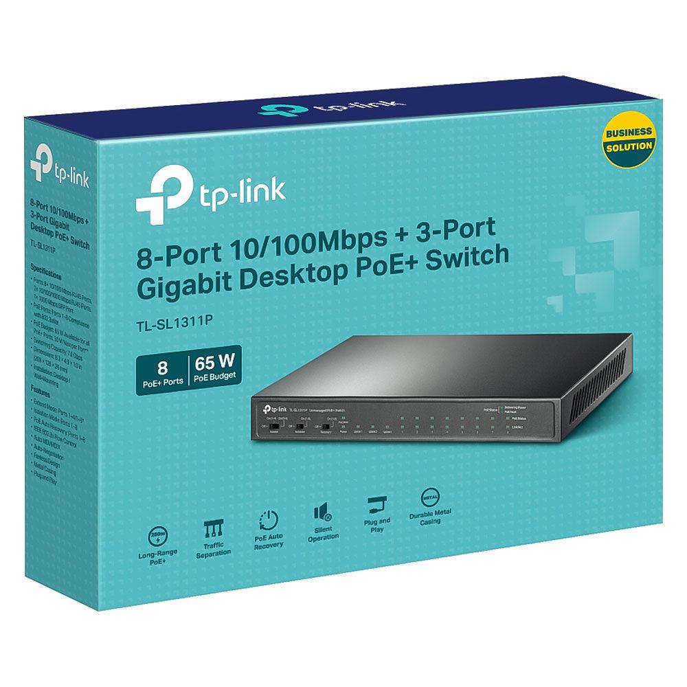TP-Link TL-SL1311P Unmanaged Desktop PoE+ Switch 8 Port 10/100Mbps + 2 Port Gigabit Uplink + 1 Port Gigabit SFP 65W - Kimo Store