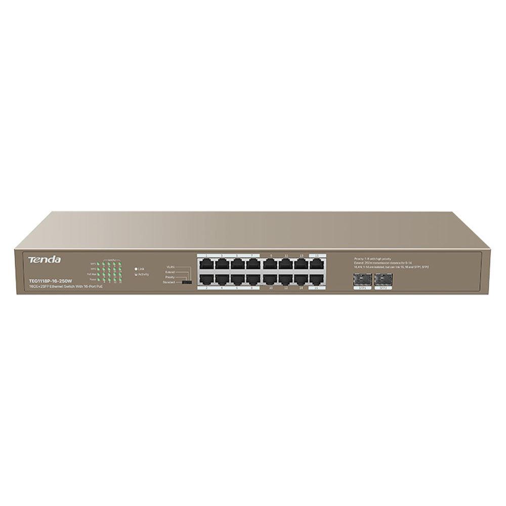 Tenda TEG1118P-16-250W Unmanaged Desktop PoE Switch 16 Port 10/100/1000Mbps + 2 Port SFP Gigabit Uplink